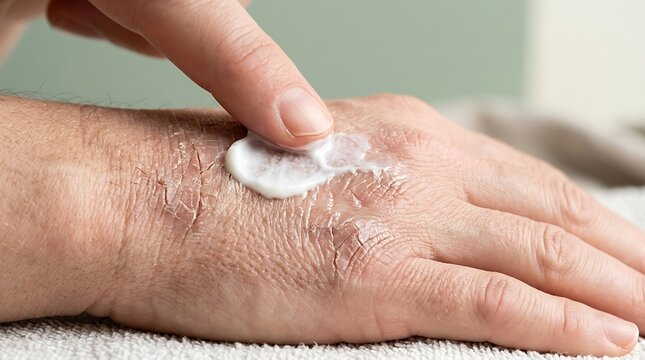 Close-up of a person applying soothing cream to dry, flaky skin on their hand, illustrating dermatological care and hydration for irritated skin