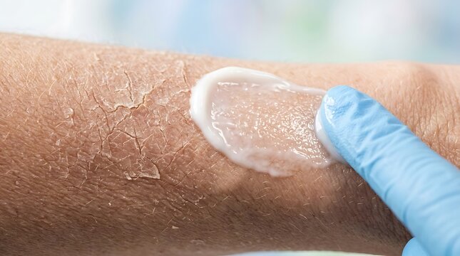 Close-up of hand in medical glove applying white moisturizing cream to severe dry, flaky, and irritated skin on an arm, highlighting dermatological...