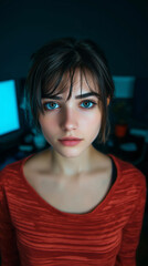 Fototapeta premium Portrait of a young woman with a direct gaze in blue and green lighting, urban beauty, modern fashion style, moody atmosphere