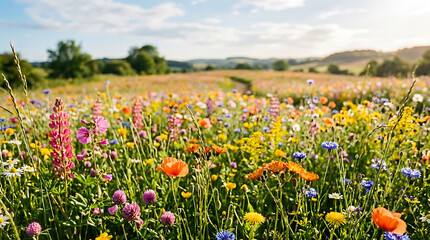 Obraz premium Vibrant Meadow Symphony: A sun-drenched field bursts with a kaleidoscope of colorful wildflowers, a winding path inviting exploration through this idyllic summer landscape.