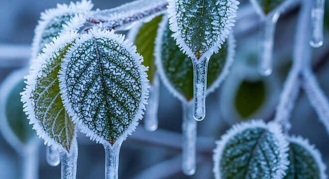 Green leaves covered in frost and icicles on a cold winter morning outdoors