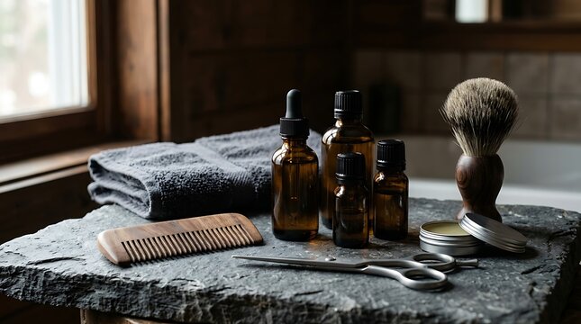 Premium Men's Grooming & Beard Care Kit with Natural Oils, Wooden Comb, Shaving Brush, and Scissors on Rustic Stone