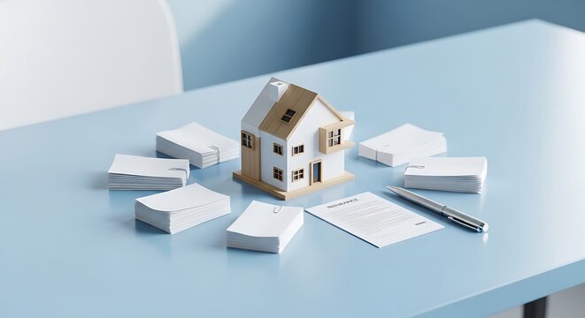 Small house model surrounded by stacks of white paper and a pen on a light blue office desk representing real estate planning and documentation