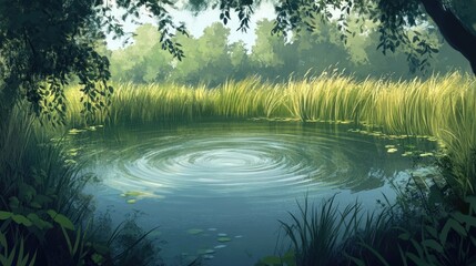 Fototapeta premium A peaceful pond surrounded by tall grasses and willow trees, with gentle ripples on the watera??s surface