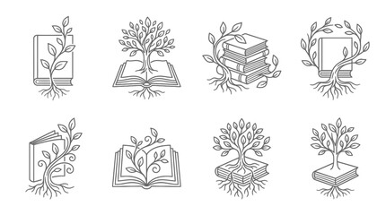 Obraz premium Book Tree Icons: Knowledge Growth, Education, Learning and Wisdom Symbols