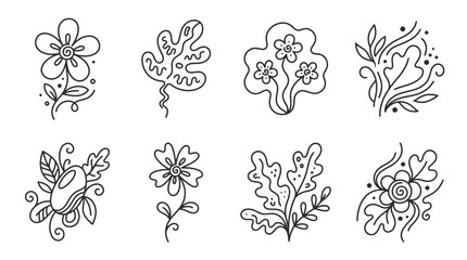 Fototapeta premium Hand Drawn Botanical Elements: Flowers, Leaves, and Swirls - Black and White Sketch