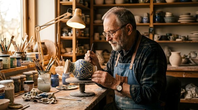 A dedicated elderly craftsman meticulously decorates a ceramic vase with intricate patterns, showcasing his passion and artistic skill in a sunlit pottery workshop