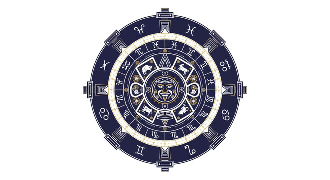 Esoteric circular design with aztec sun face and zodiac symbols