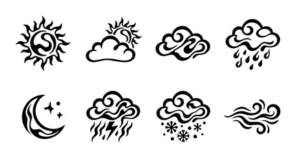 Fototapeta premium Weather Icons: Sun, Moon, Clouds, Rain, Snow, Thunder, Wind