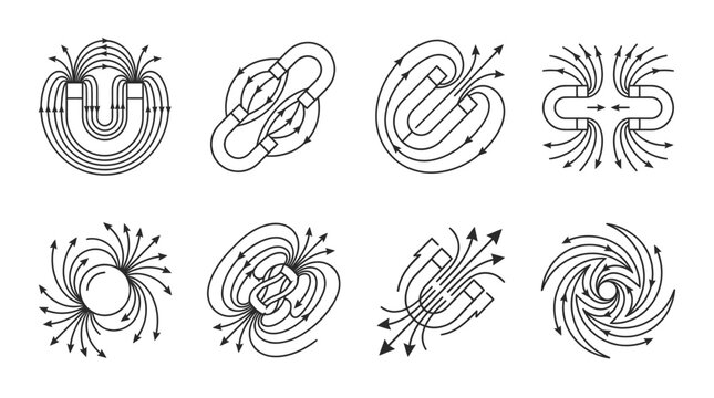 Magnetic Field Lines Set: Horseshoe, Bar, Circular Magnets & Forces