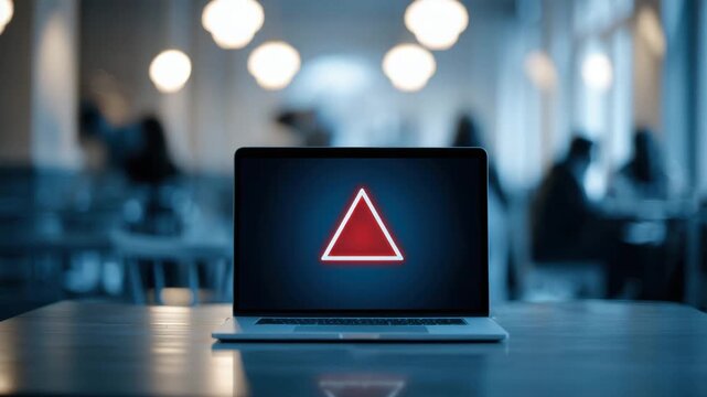 Laptop warning triangle alert screen in blurred office background, modern table and digital warning symbol on blue light computer display, empty desk with bokeh light technology business scene