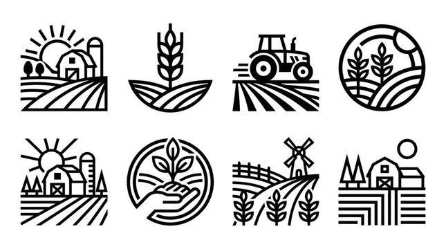 Farm Icon Set: Agriculture, Rural Life, and Harvest Symbols