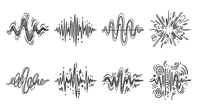 Hand-drawn sound wave illustrations, audio visualization, sketch style