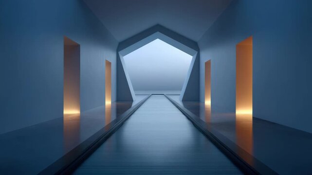 Futuristic blue corridor geometric hall with glowing doorway reflective floor, modern interior tunnel, symmetrical passage, abstract architecture, narrow walkway, empty hall, glowing light
