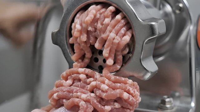 Closeup of raw ground meat being processed through a meat grinder 1.