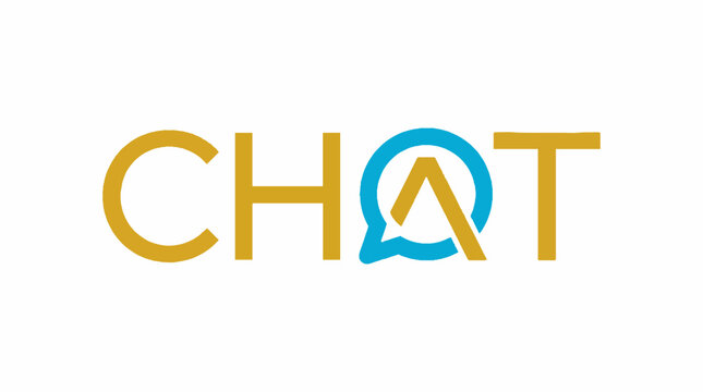 Chat word logo design with a blue speech bubble icon replacing the letter A in a minimalist flat vector style on a white background