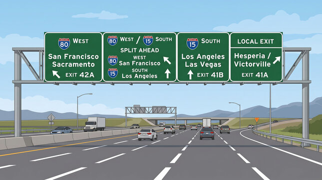 A wide-angle view of a multi-lane highway with several cars and trucks, featuring large green overhead signs directing traffic to various interstates and cities