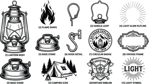Vintage Camping Lantern Vector Set with Adventure Badge and Outdoor Icons