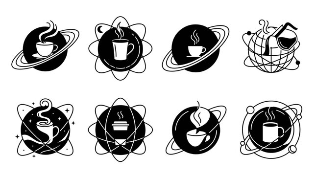 Cosmic Coffee Icons: Planets, Stars & Hot Drinks Set
