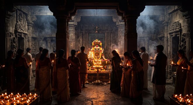 Devotees holding oil lamps during Shiva worship ceremony inside ancient stone temple with incense smoke and sacred spiritual atmosphere