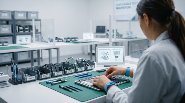 Technician repairing tablet computer with screwdriver in clean workshop, electronic device maintenance service, sustainable technology recycling and refurbishment concept with