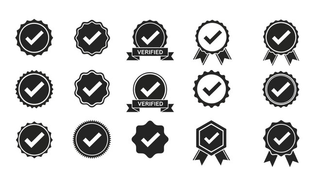 A collection of black and white verified checkmark icons and badges for approval and certification.
