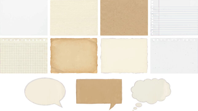 Vintage paper texture collection with notebook labels and speech bubbles