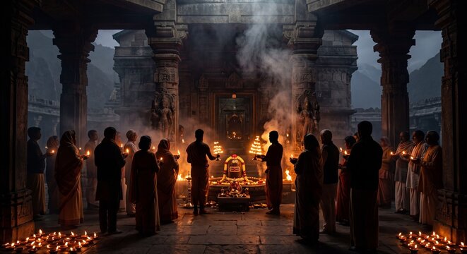 Hindu devotees praying with oil lamps around decorated Shiva Lingam inside ancient temple during traditional spiritual worship ritual