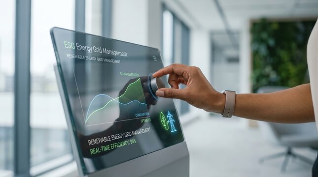 Hand using futuristic touchscreen for ESG energy grid management, renewable power monitoring and real-time efficiency optimization in modern sustainable office building interior.