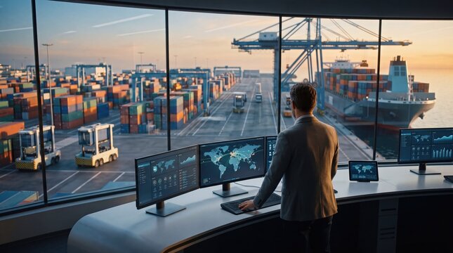 Logistics manager overseeing global shipping port operations from control room with data screens, container yard view
