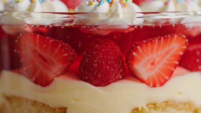 Delicious Strawberry Trifle Dessert with Cream and Sprinkles.