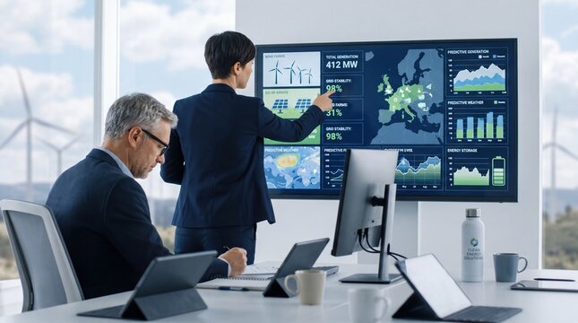 Energy experts monitoring renewable power generation statistics and grid stability on large digital display map in bright control room with wind turbines visible outside window