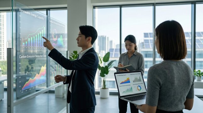 Corporate team analyzing renewable energy capacity charts on glass screen, discussing carbon emission reduction strategies in modern office environment.