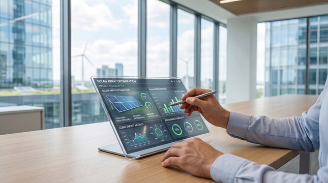 Business professional analyzing solar array optimization data on a futuristic tablet interface, monitoring clean energy metrics and sustainability performance in a modern office