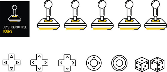 Large set of black and white line icons featuring various retro arcade joystick controllers directional d-pads navigation buttons and gaming dice for interface and game designs © allustra