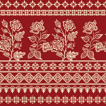 Luxury maroon red and cream seamless floral pattern with traditional ethnic borders. Vintage chintz rose flowers and oriental ornaments background. Vector illustration for fabric, textile, wallpaper.