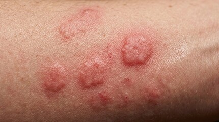 Fototapeta premium Extreme macro skin rash close up with irritated red hives dermatology medical texture detail
