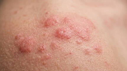 Fototapeta premium Extreme macro skin rash close up with irritated red hives dermatology medical texture detail