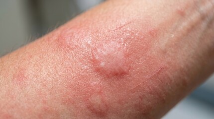 Fototapeta premium Extreme macro skin rash close up with irritated red hives dermatology medical texture detail
