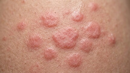 Fototapeta premium Extreme macro skin rash close up with irritated red hives dermatology medical texture detail