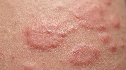 Fototapeta premium Extreme macro skin rash close up with irritated red hives dermatology medical texture detail