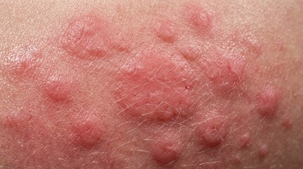 Fototapeta premium Extreme macro skin rash close up with irritated red hives dermatology medical texture detail