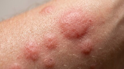 Fototapeta premium Extreme macro skin rash close up with irritated red hives dermatology medical texture detail