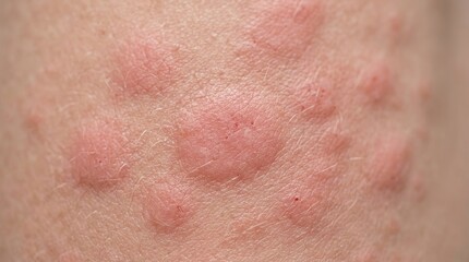 Fototapeta premium Extreme macro skin rash close up with irritated red hives dermatology medical texture detail