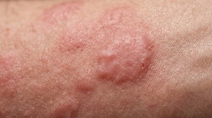 Fototapeta premium Extreme macro skin rash close up with irritated red hives dermatology medical texture detail