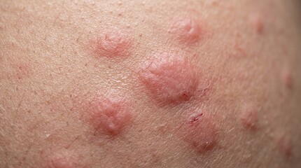 Fototapeta premium Extreme macro skin rash close up with irritated red hives dermatology medical texture detail