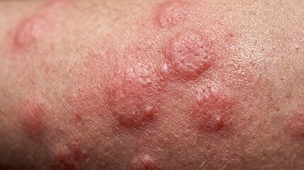 Fototapeta premium Extreme macro skin rash close up with irritated red hives dermatology medical texture detail