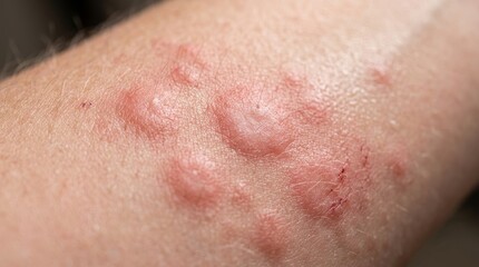 Fototapeta premium Extreme macro skin rash close up with irritated red hives dermatology medical texture detail