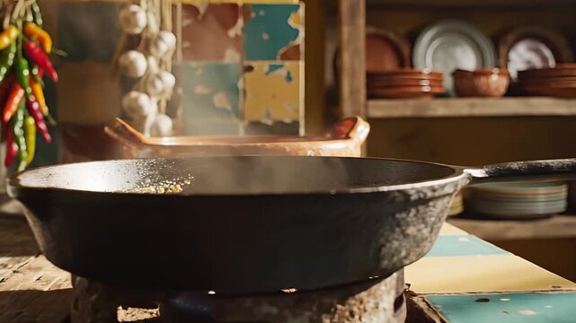 Rustic Kitchen Scene with Moka Pot and Steaming Pan.