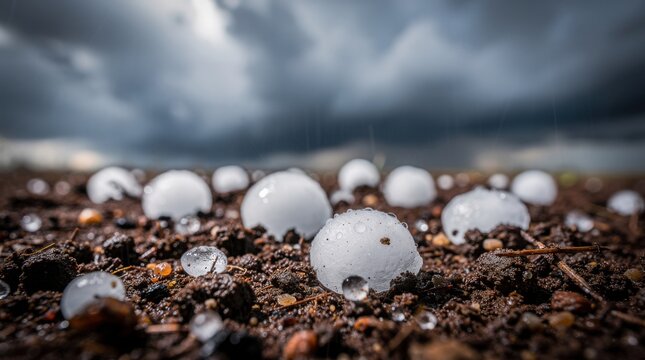 A dramatic close-up of large hailstones on wet soil under a dark, stormy sky. Rain falls as the icy precipitation covers the ground.